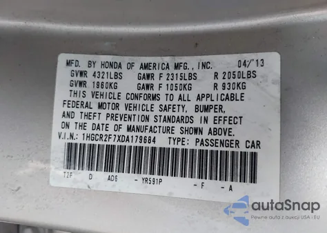 2013 Honda Accord Ex from USA, damaged, VIN 1HGCR2F7XDA179684